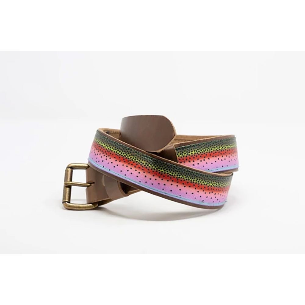 Whiskey Leatherworks Fish and Upland Print Belts in Rainbow Trout